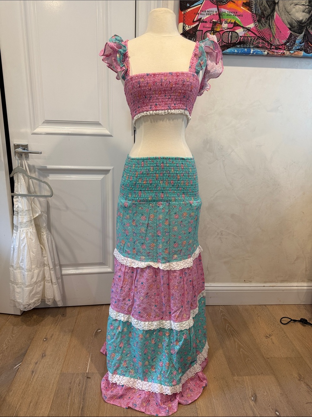 Beach Bunny Floral Tiered Maxi Skirt and crop top set in Pink & Teal